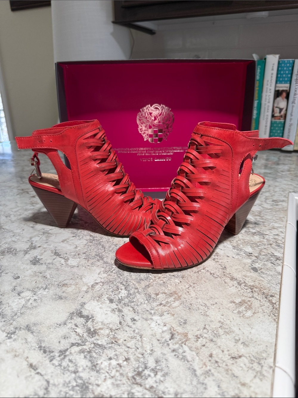 Vince Red Woven Peep-Toe Slingback Heels